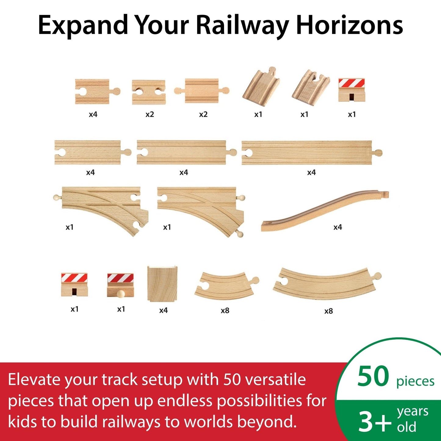 BRIO World 50-Piece Track Pack | FSC-Certified Wooden Tracks for BRIO Rail Sets | Ages 3+