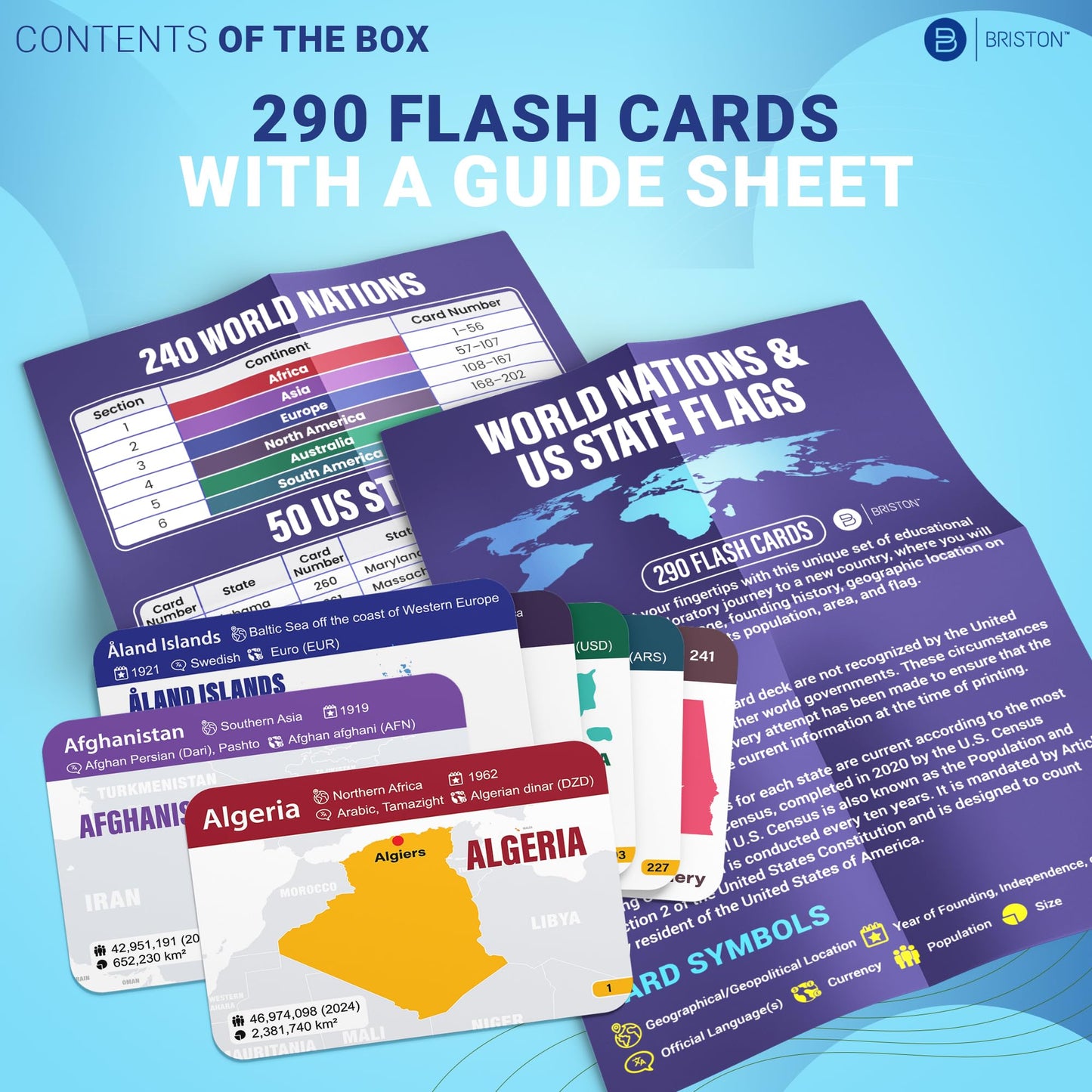 Briston World Nations & US States Flags Flash Cards – 290 Geography Cards for All Ages