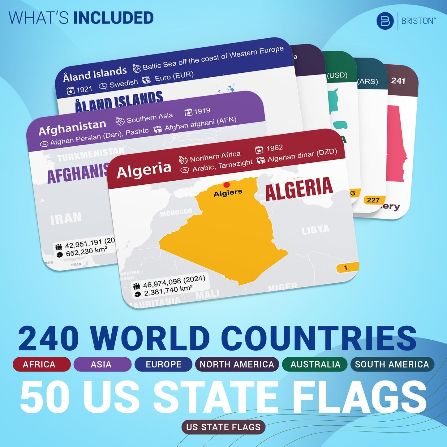 Briston World Nations & US States Flags Flash Cards – 290 Geography Cards for All Ages