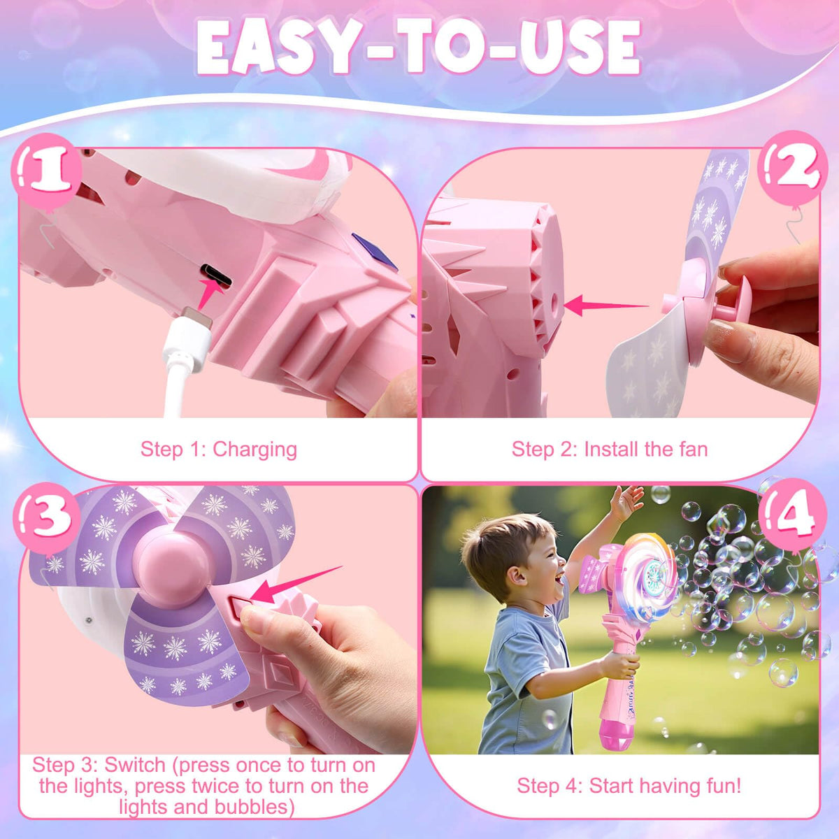 Britik Windmill Light-Up Bubble Wand for Kids 4–8 – Rechargeable Pink Bubble Machine