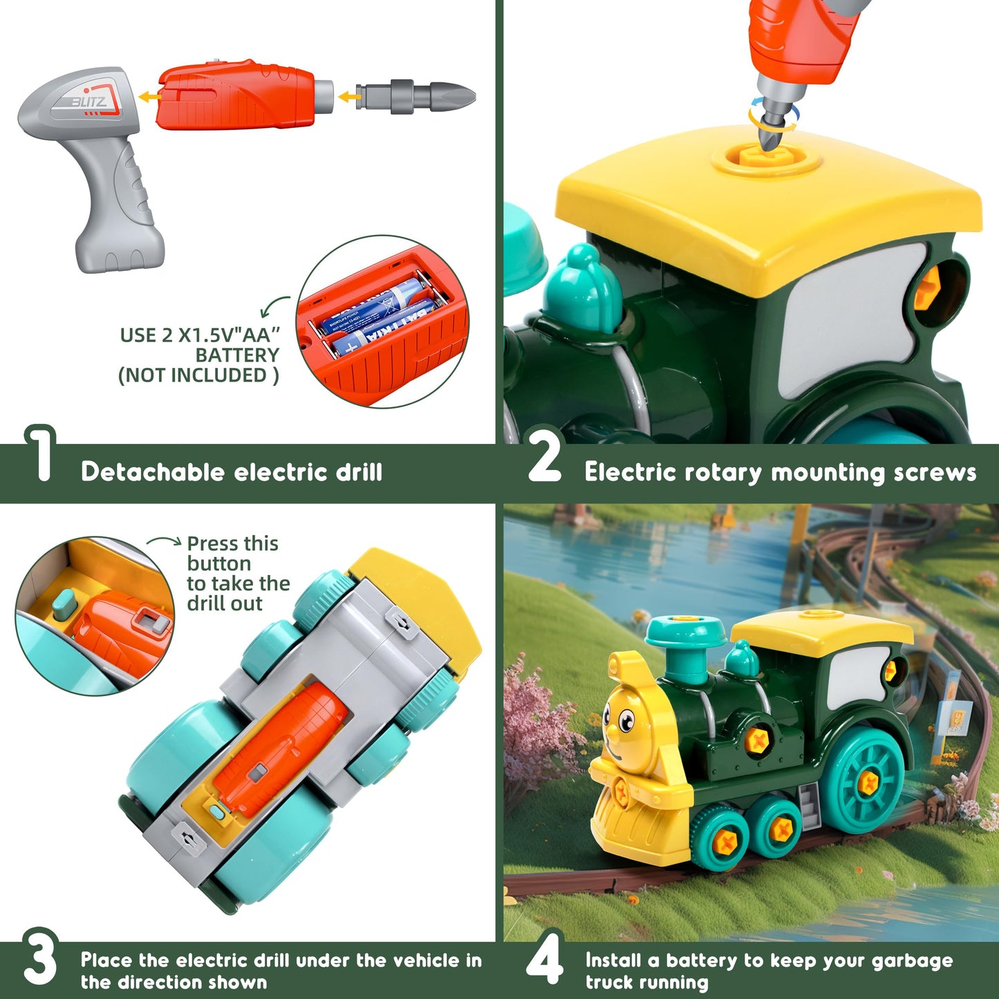 Brixlytoys Toddler Take Apart Train Set with Electric Drill – STEM DIY Learning Toy for 3-8 Year Olds