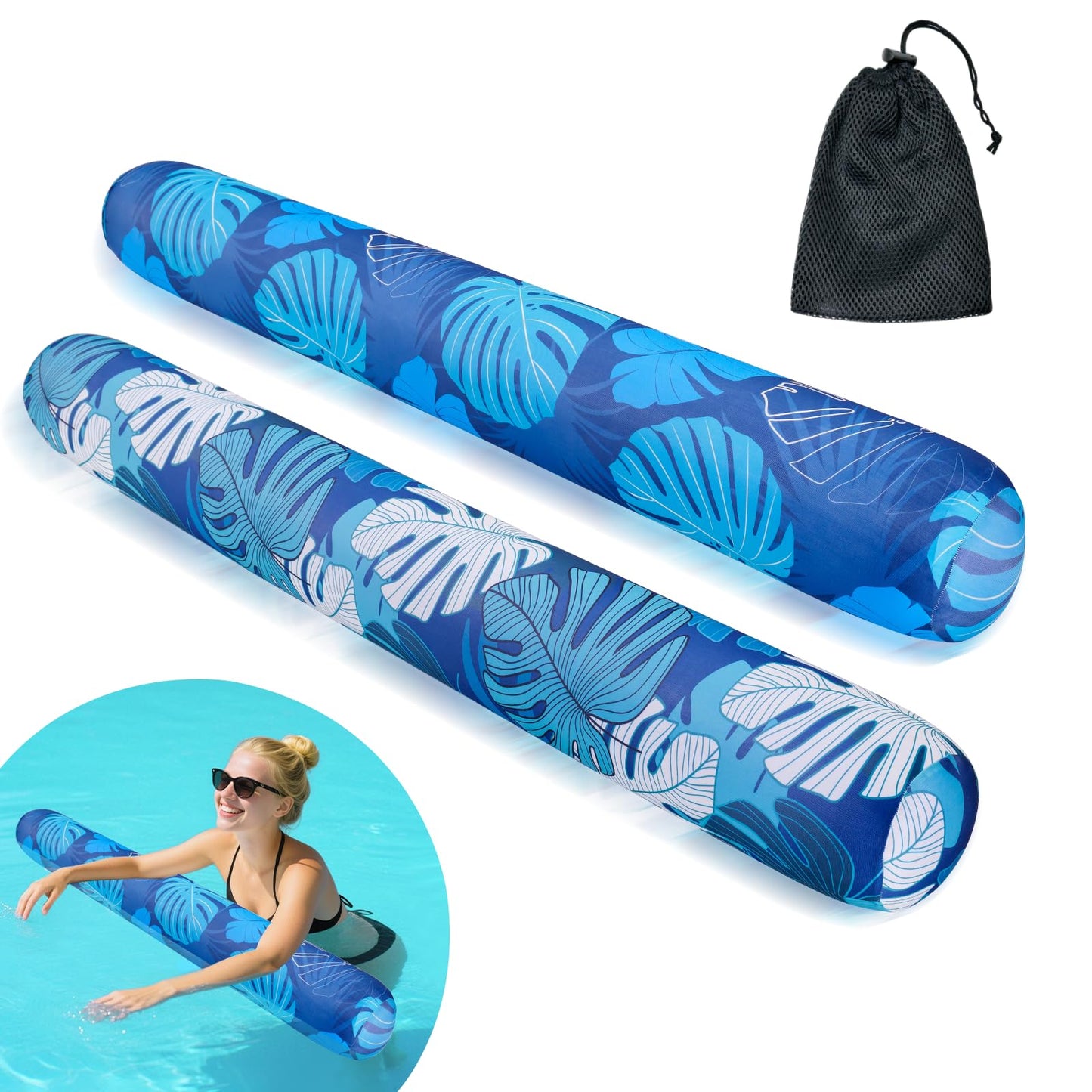 Brmoka 2-Pack Inflatable Pool Noodles Jumbo | Soft Fabric Cover, Quick-Dry, Portable Storage Bag