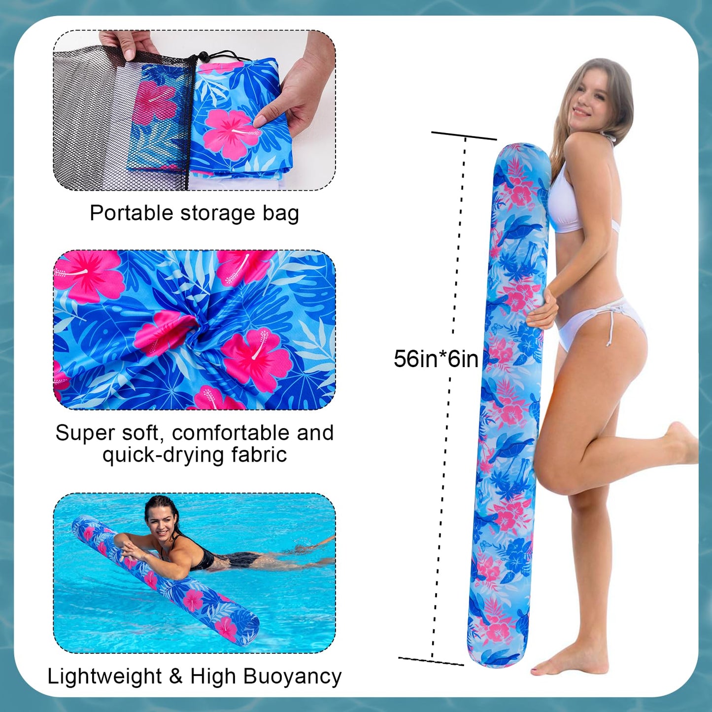 Brmoka 2-Pack Inflatable Pool Noodles – Large Fabric-Covered Floats (56-inch) Tropical/Plants