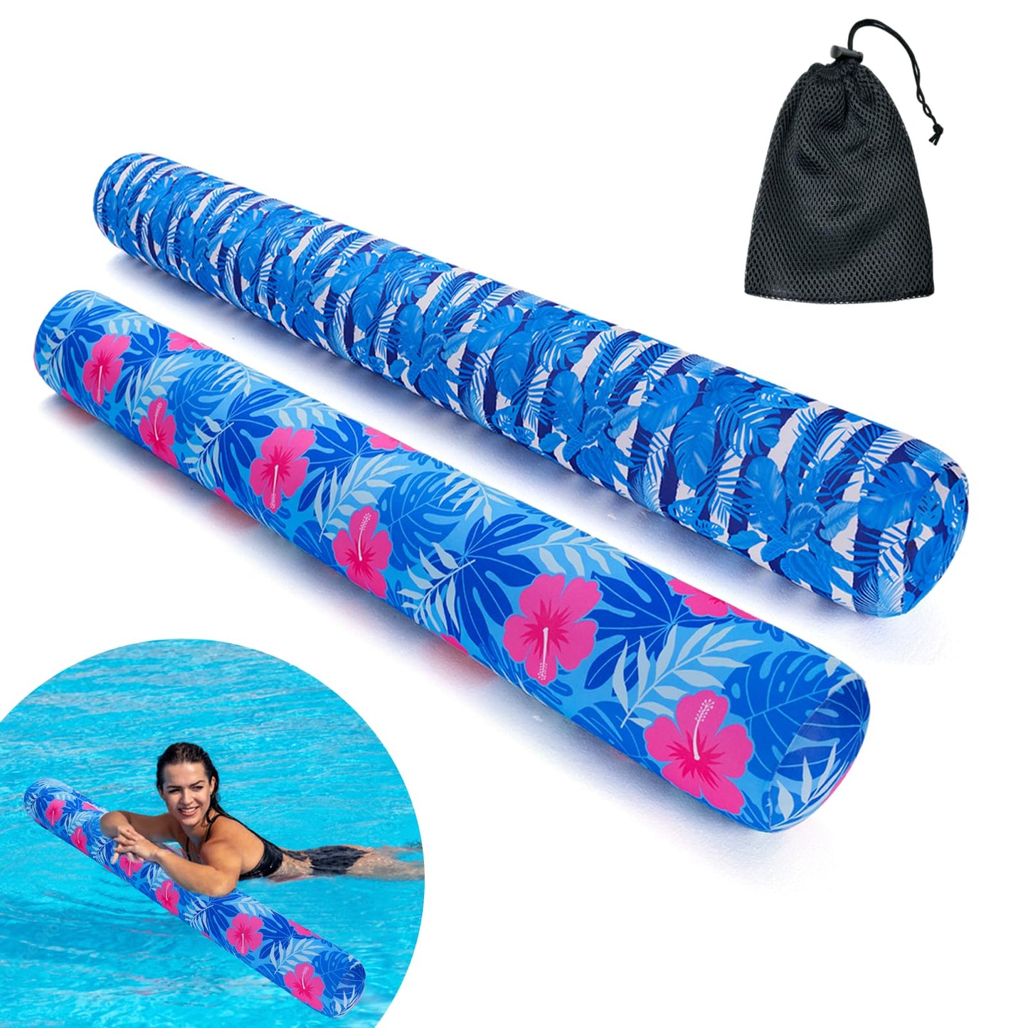 Brmoka 2-Pack Inflatable Pool Noodles – Large Fabric-Covered Floats (56-inch) Tropical/Plants