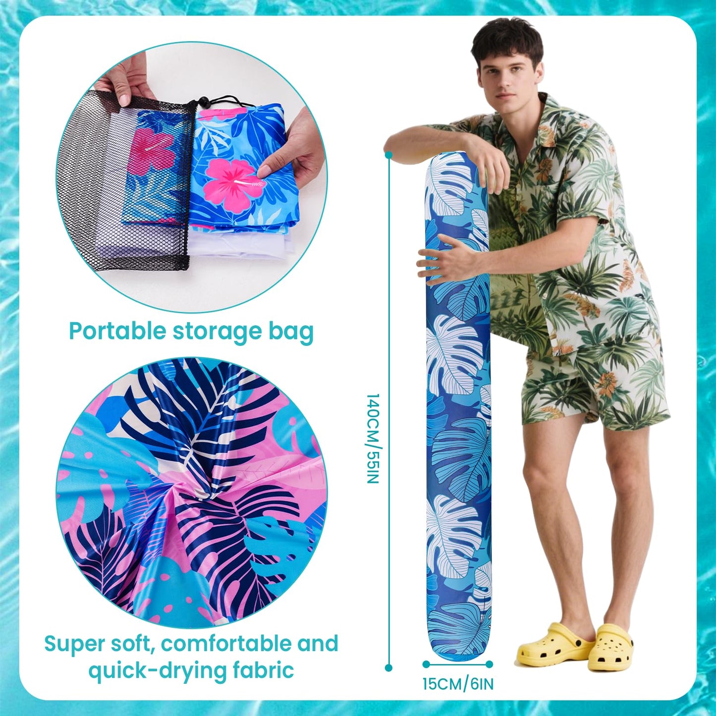 Brmoka 2-Pack Inflatable Pool Noodles Jumbo | Soft Fabric Cover, Quick-Dry, Portable Storage Bag