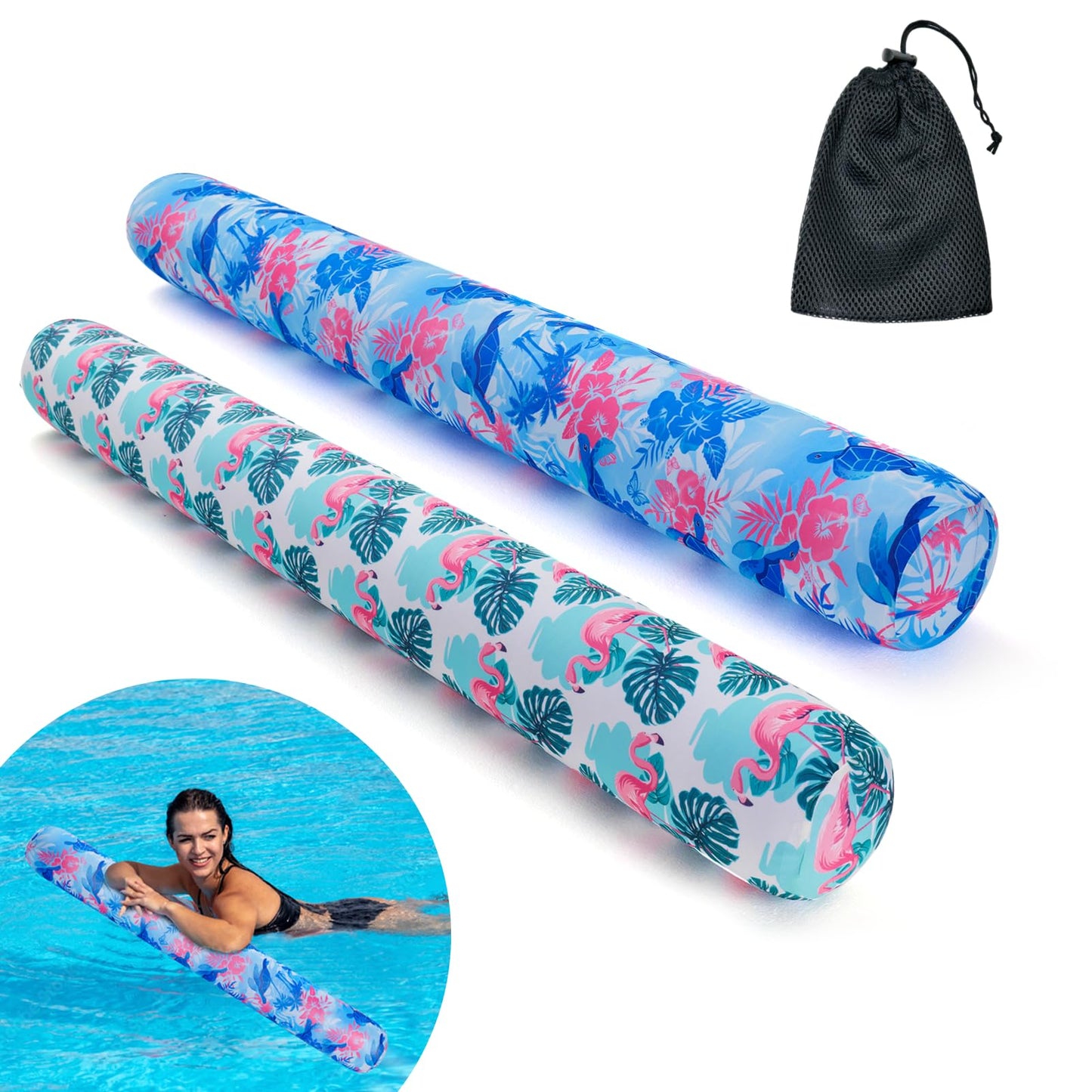 Brmoka Inflatable Pool Noodle 2 Pack – Soft Fabric, Quick Dry, 56-Inch Large Floats (Flamingos & Turtles)