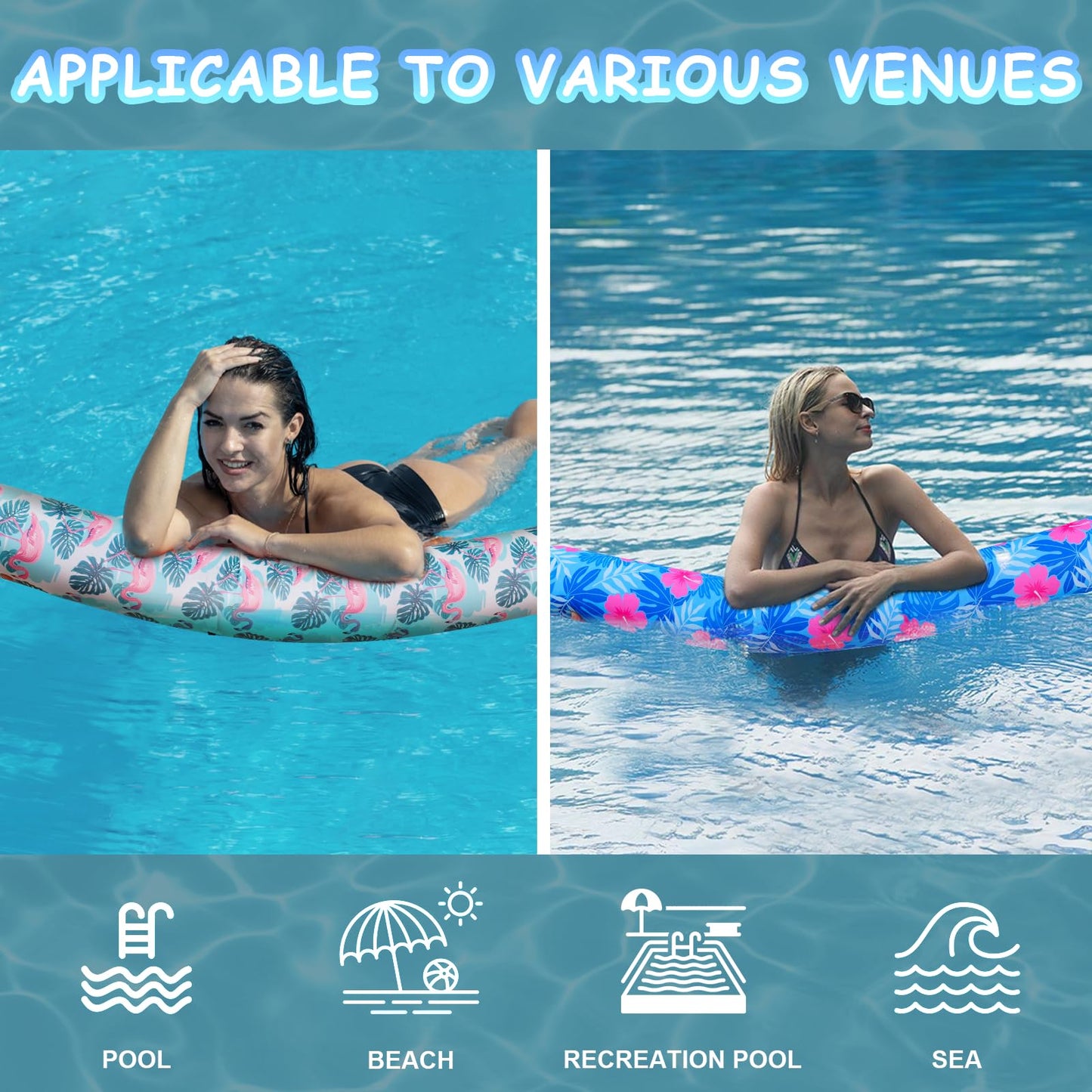 Brmoka Inflatable Pool Noodle 2 Pack – Soft Fabric, Quick Dry, 56-Inch Large Floats (Flamingos & Turtles)