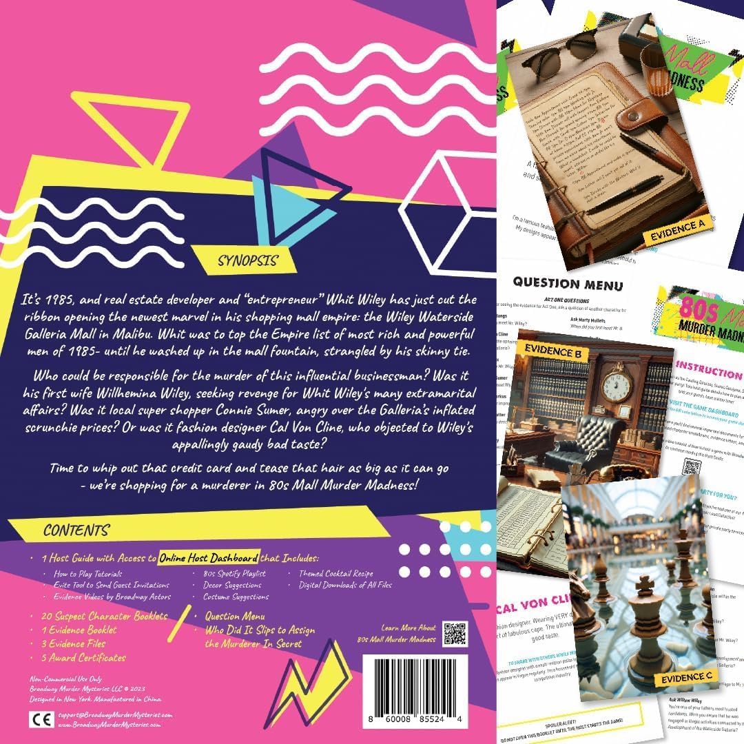 Broadway Murder Mysteries: 80s Mall Murder Madness – 80s-Themed Murder Mystery Game Kit for Adults | 4-20+ Players | Physical Game | Updated 2025