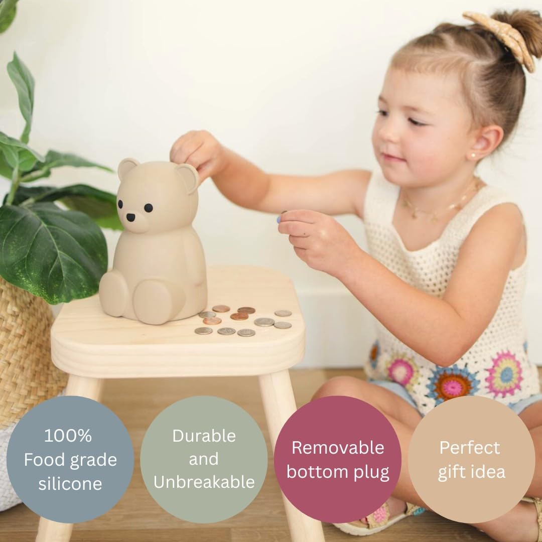Brooklyn Neutral Silicone Teddy Bear Coin Bank — Unbreakable Kids Piggy Bank