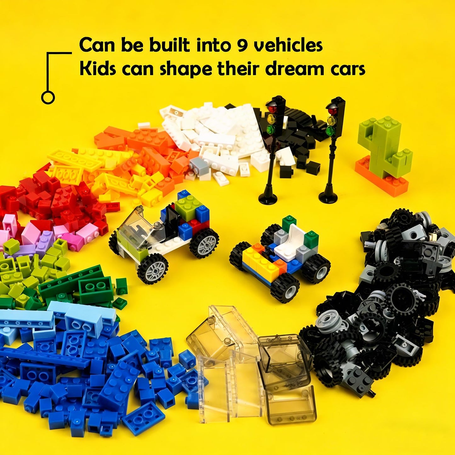 BroTex Wheels and Axles Sets with Steering Wheel, Windshield, and Traffic Light – 400+ Bricks & Car Parts Kit