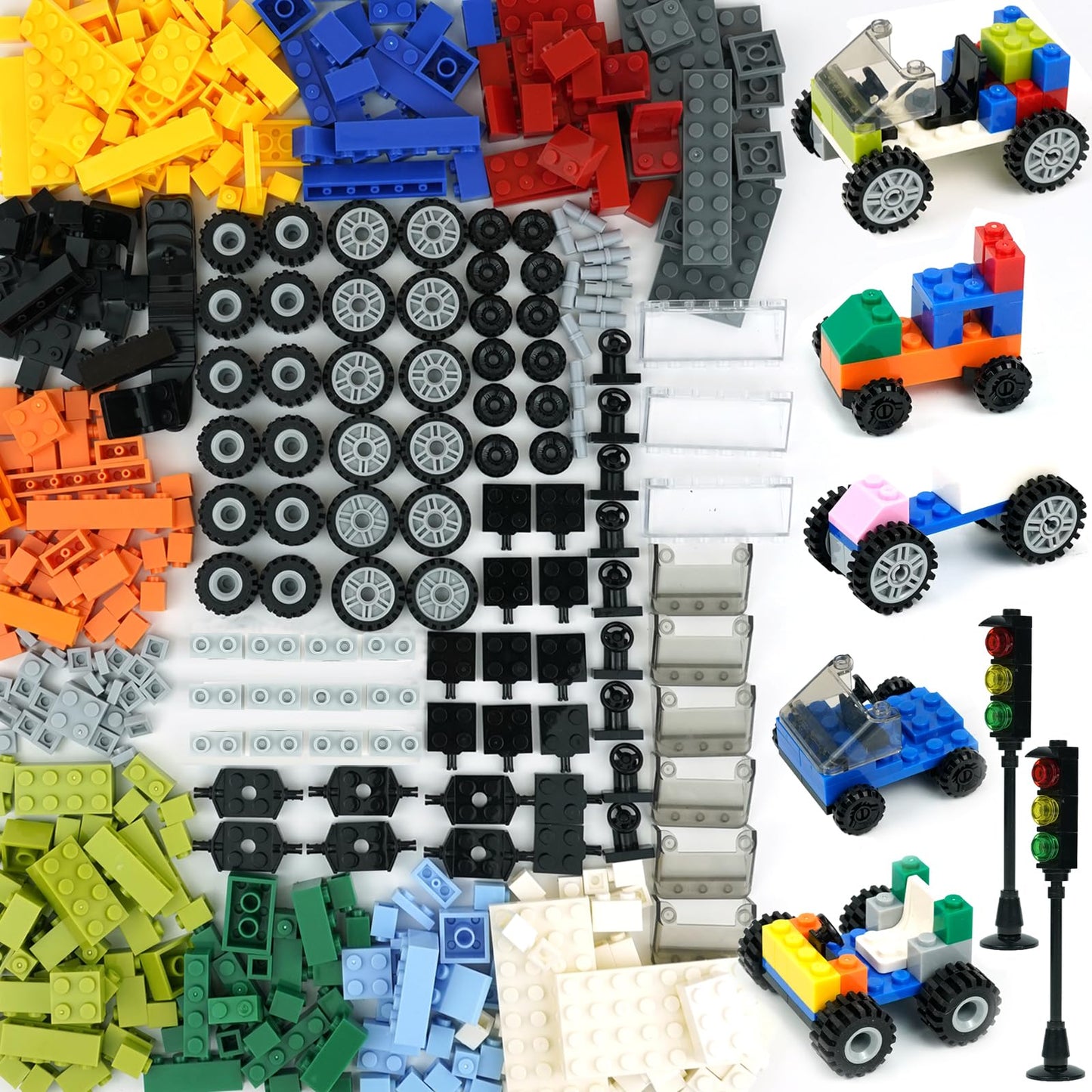 BroTex Wheels and Axles Sets with Steering Wheel, Windshield, and Traffic Light – 400+ Bricks & Car Parts Kit
