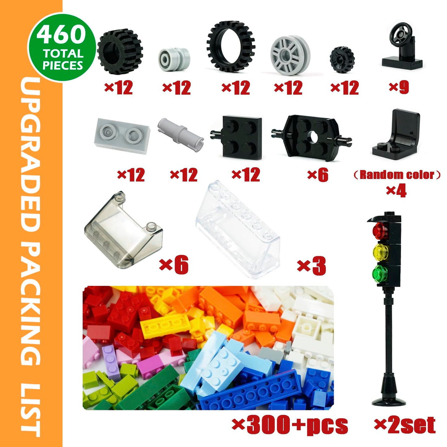 BroTex Wheels and Axles Sets with Steering Wheel, Windshield, and Traffic Light – 400+ Bricks & Car Parts Kit