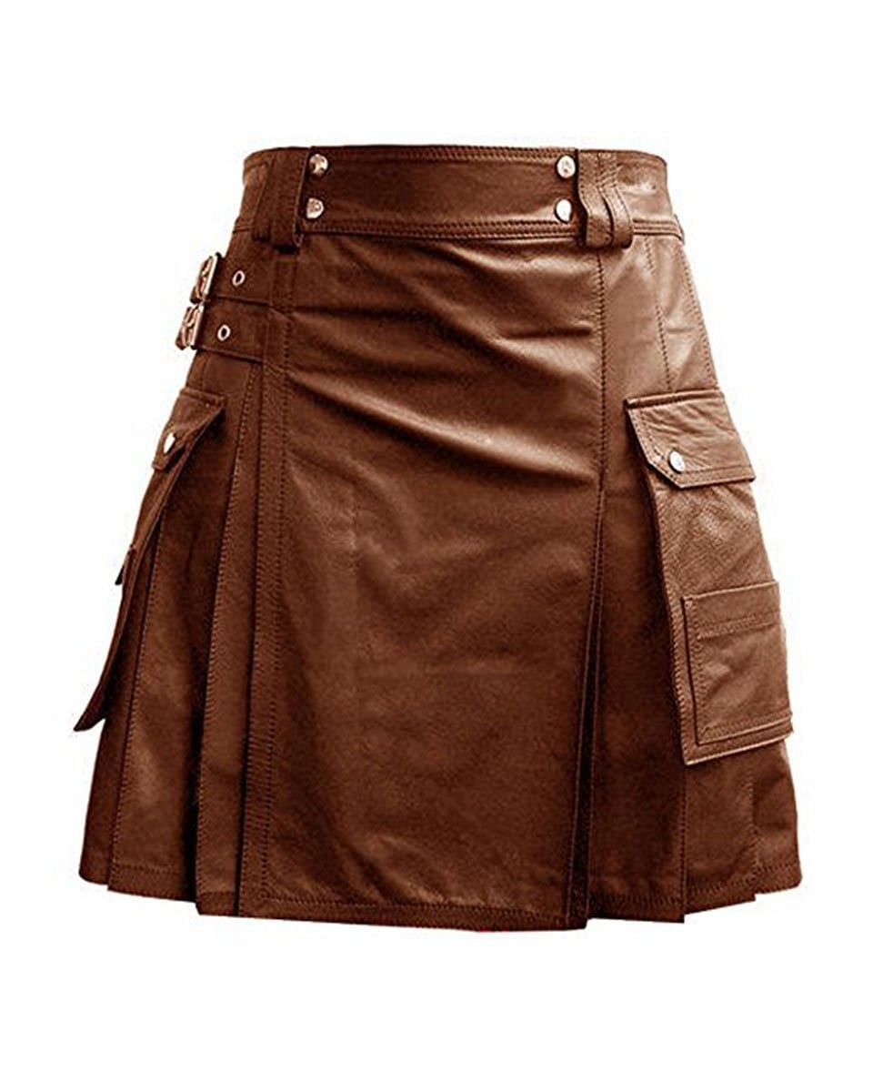 Brown Leather Kilt Flat Front & Twin Cargo Pockets Cowhide Leather