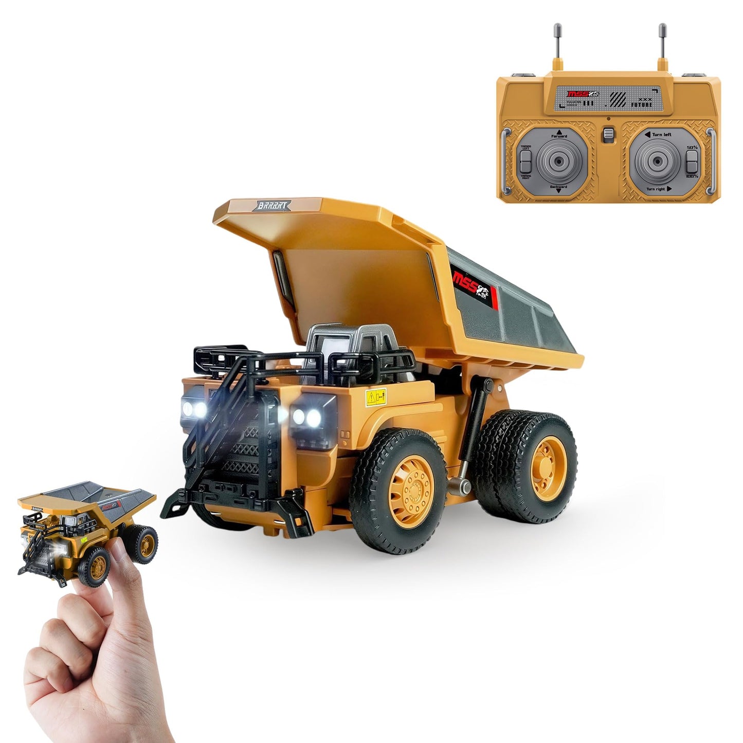 BRRRRT 1/64 RC Dump Truck — Palm-Sized, 8-Channel Remote, Lighted Metal Bed, Type-C Battery