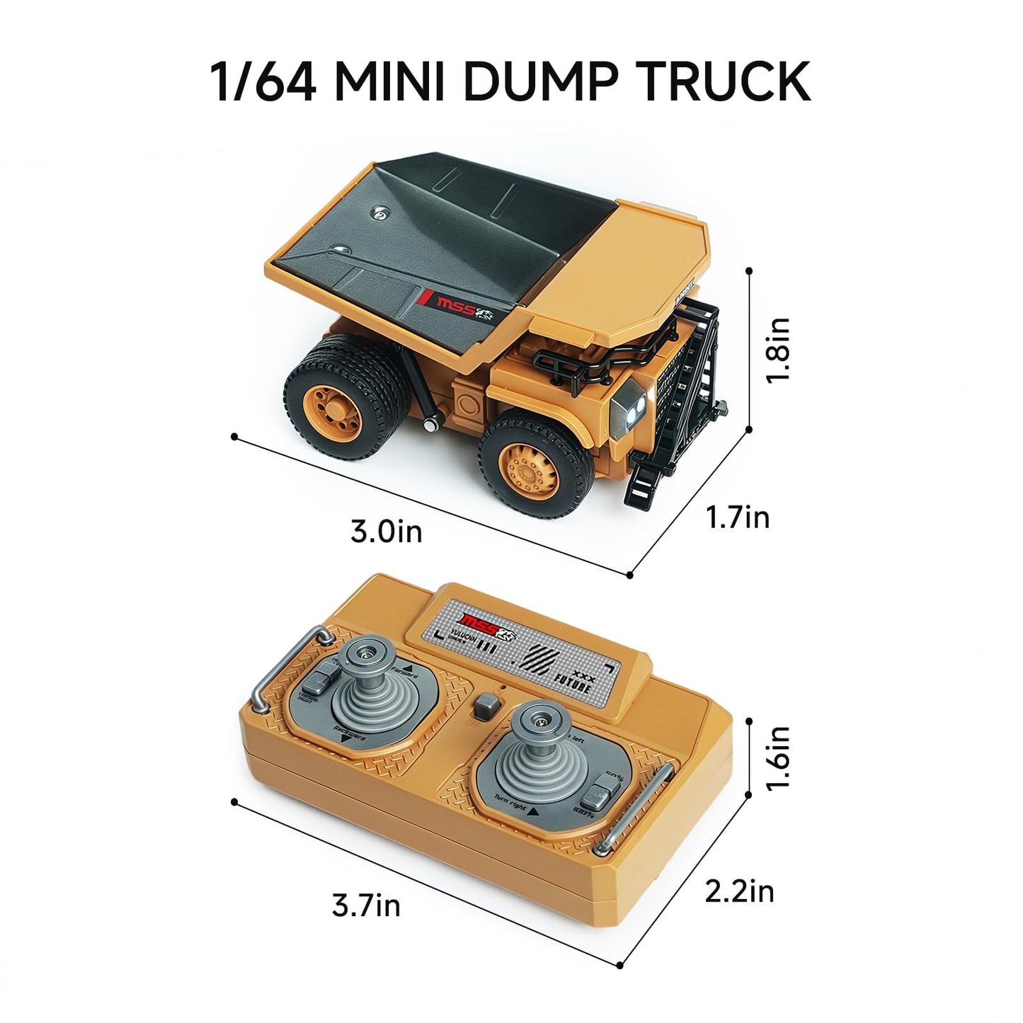 BRRRRT 1/64 RC Dump Truck — Palm-Sized, 8-Channel Remote, Lighted Metal Bed, Type-C Battery