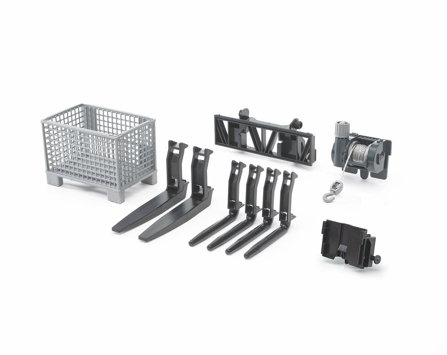 Bruder 02318 Front Loader Accessories – Box-Type Pallet Winch, Forks & Basket Pallet