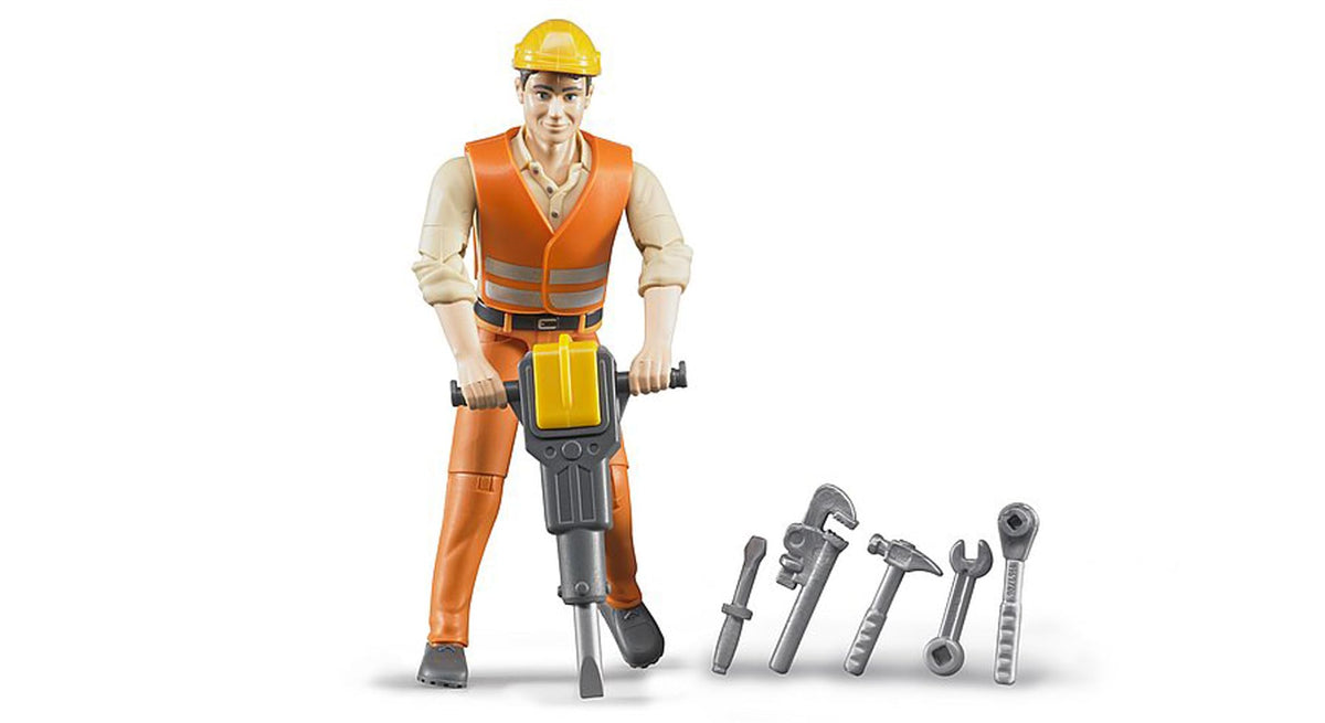 Bruder Construction Worker with Accessories – 4.25-Inch Figure with Vest, Hard Hat, and Tools