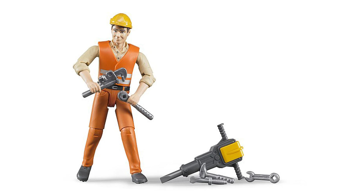 Bruder Construction Worker with Accessories – 4.25-Inch Figure with Vest, Hard Hat, and Tools