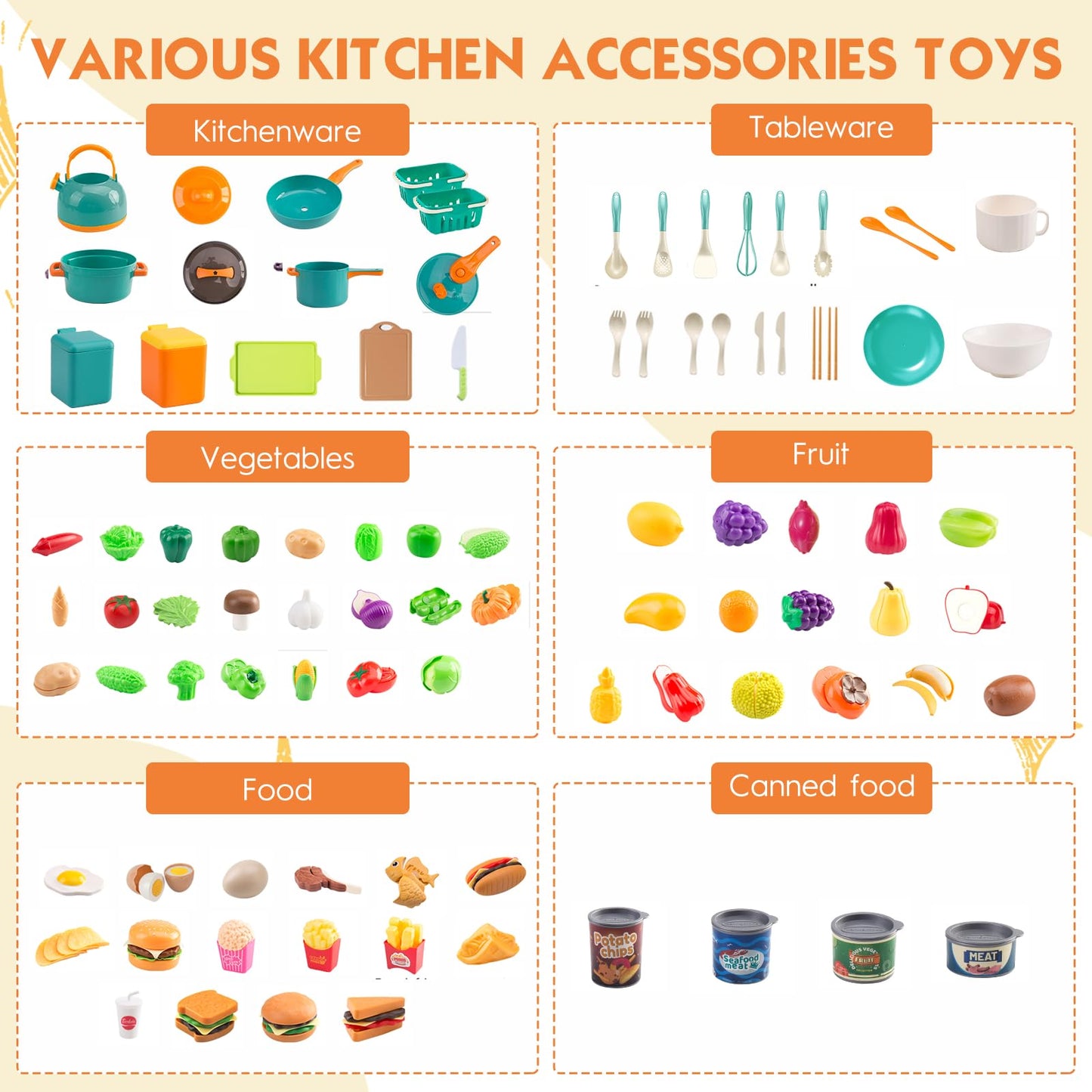 Bruvoalon 200Pcs Mini Play Kitchen Set – Pretend Cookware, Fruit Sets & More