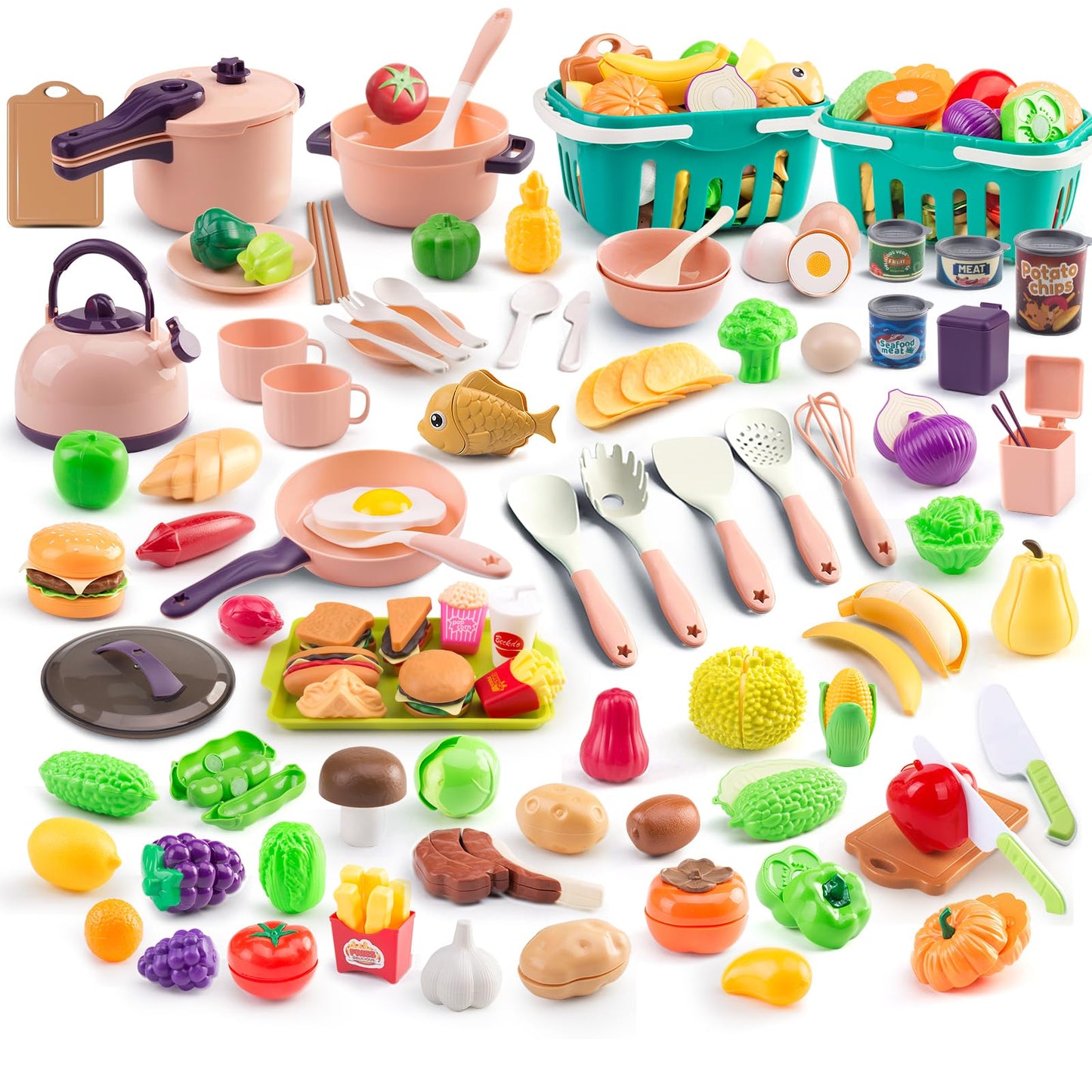 Bruvoalon 200Pcs Mini Play Kitchen Set for Kids – Pretend Cooking with Cookware, Tableware & 2 Fruit Sets | Pink