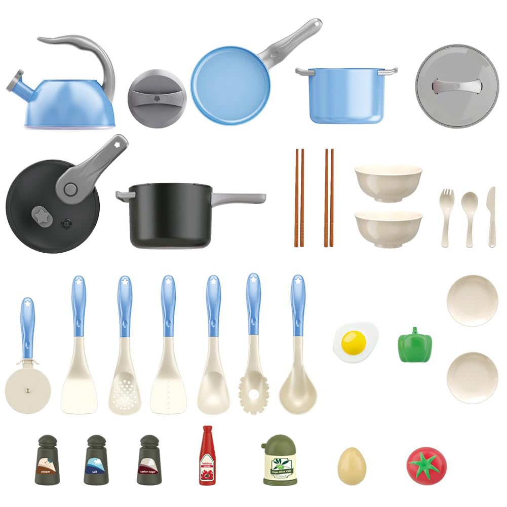 Bruvoalon 32-Piece Kids Play Kitchen Toys Set - Blue, Realistic Pretend Cooking & Accessories