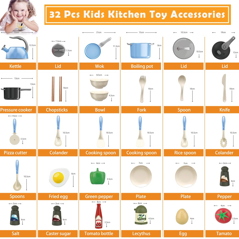 Bruvoalon 32-Piece Kids Play Kitchen Toys Set - Blue, Realistic Pretend Cooking & Accessories