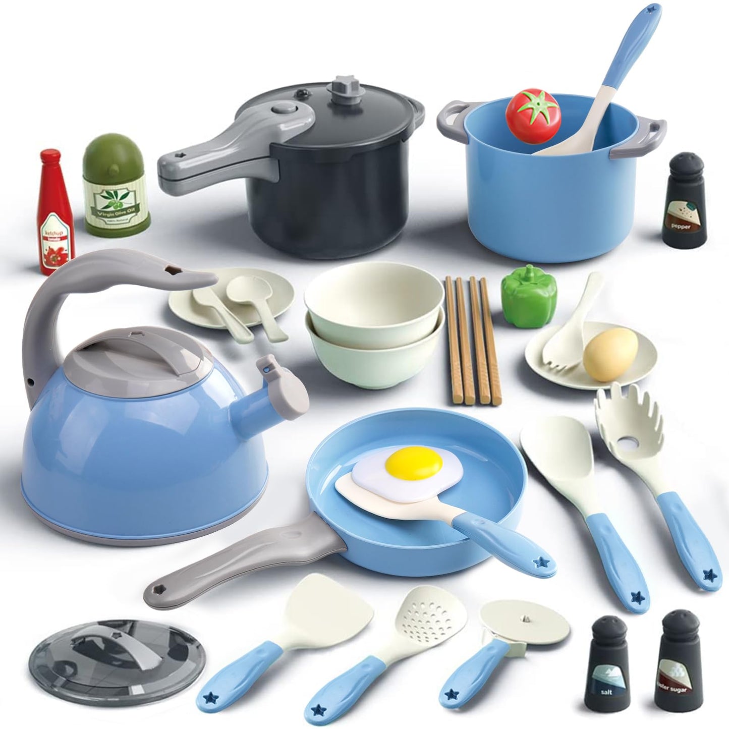 Bruvoalon 32-Piece Kids Play Kitchen Toys Set - Blue, Realistic Pretend Cooking & Accessories