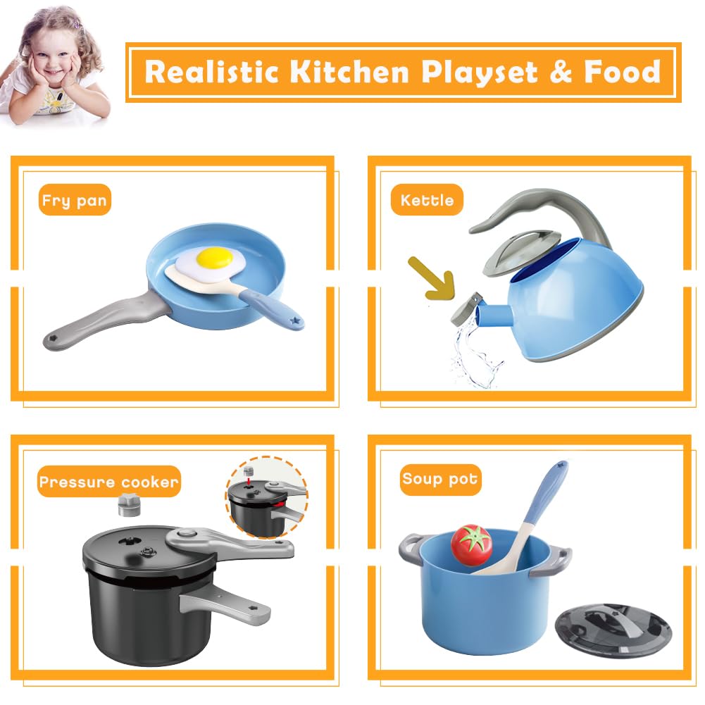 Bruvoalon 32-Piece Kids Play Kitchen Toys Set - Blue, Realistic Pretend Cooking & Accessories