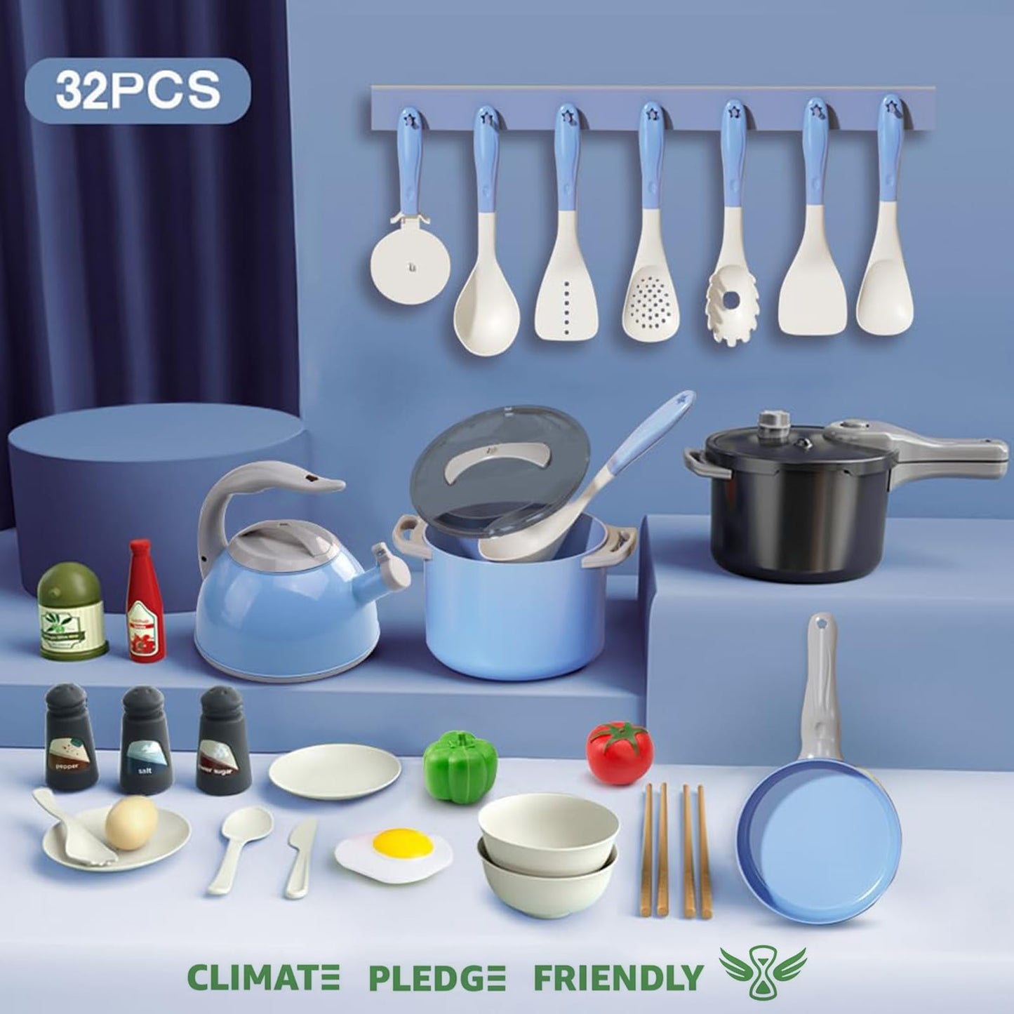 Bruvoalon 32-Piece Kids Play Kitchen Toys Set - Blue, Realistic Pretend Cooking & Accessories