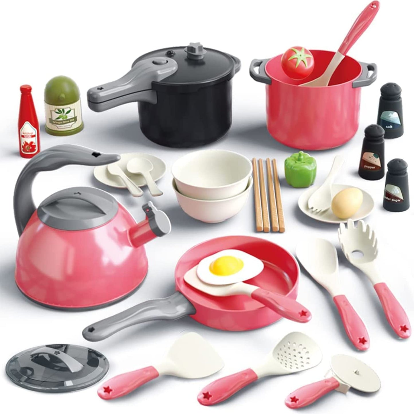 Bruvoalon 32-Piece Kids Play Kitchen Set – Realistic Pretend Cooking Toys (Red)
