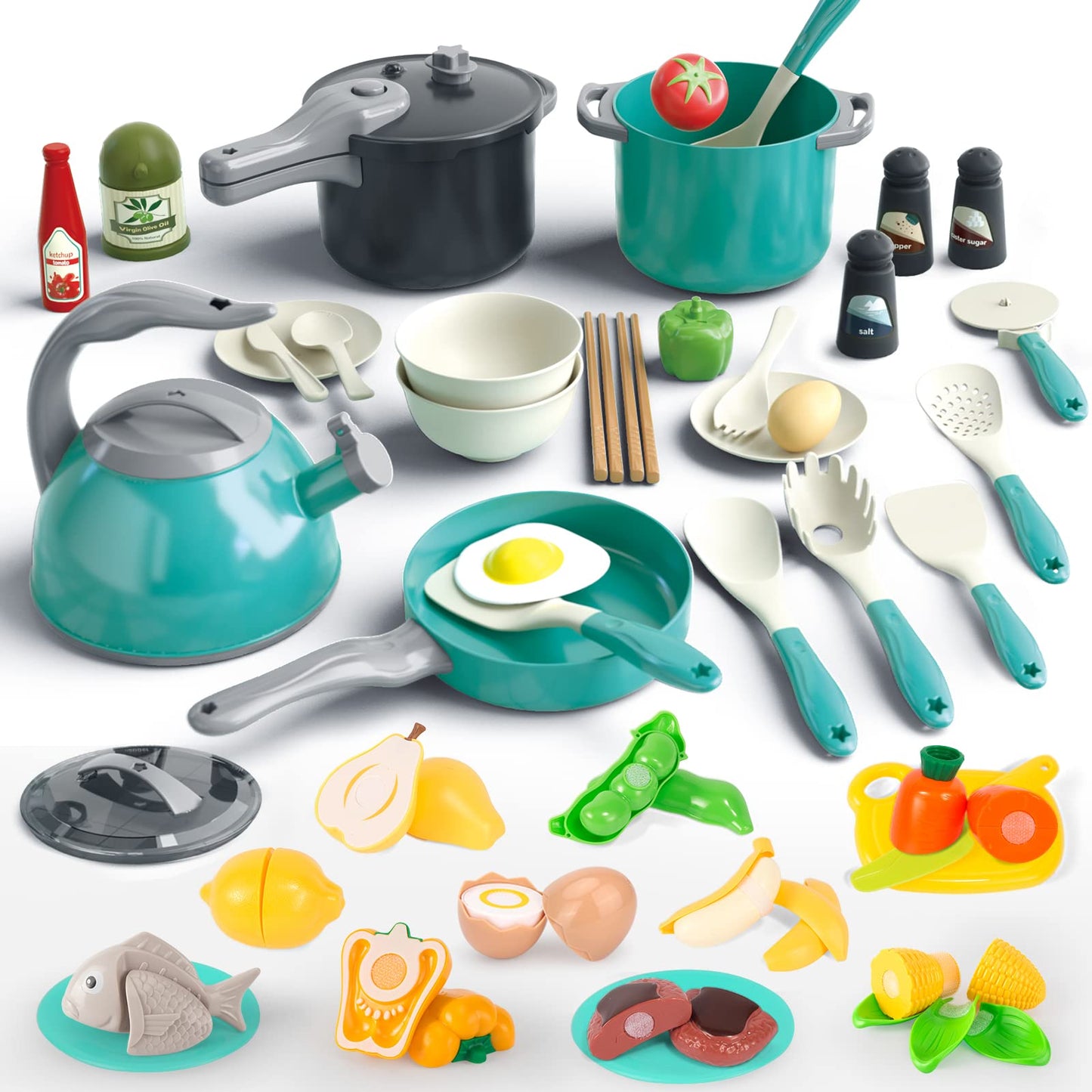 Bruvoalon 67-Piece Kids Play Kitchen Set | Pretend Cooking Toys with Pots, Pans & Foods (Green)