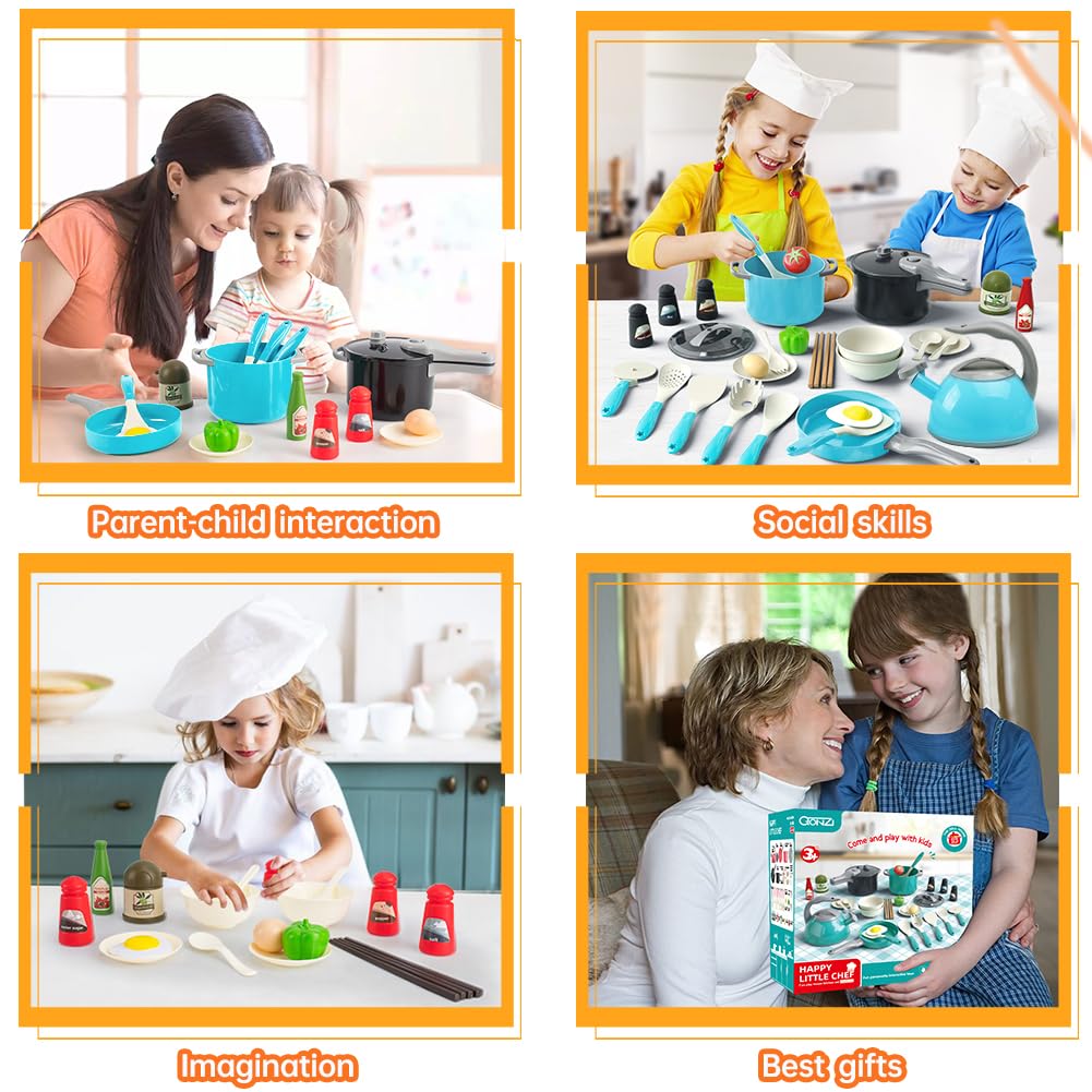 Bruvoalon 32-Piece Kids Play Kitchen Set – Turquoise & Grey Pretend Cookware