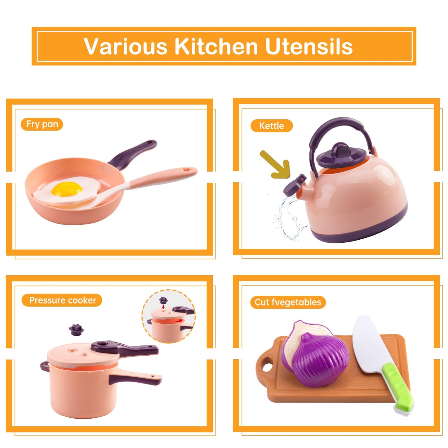 Bruvoalon 200Pcs Mini Play Kitchen Set for Kids – Pretend Cooking with Cookware, Tableware & 2 Fruit Sets | Pink