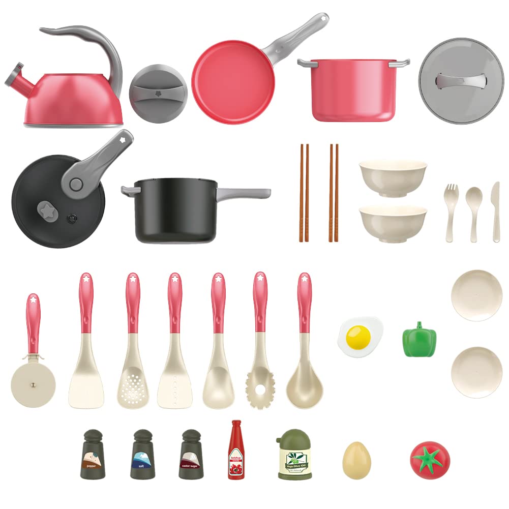 Bruvoalon 32-Piece Kids Play Kitchen Set – Realistic Pretend Cooking Toys (Red)