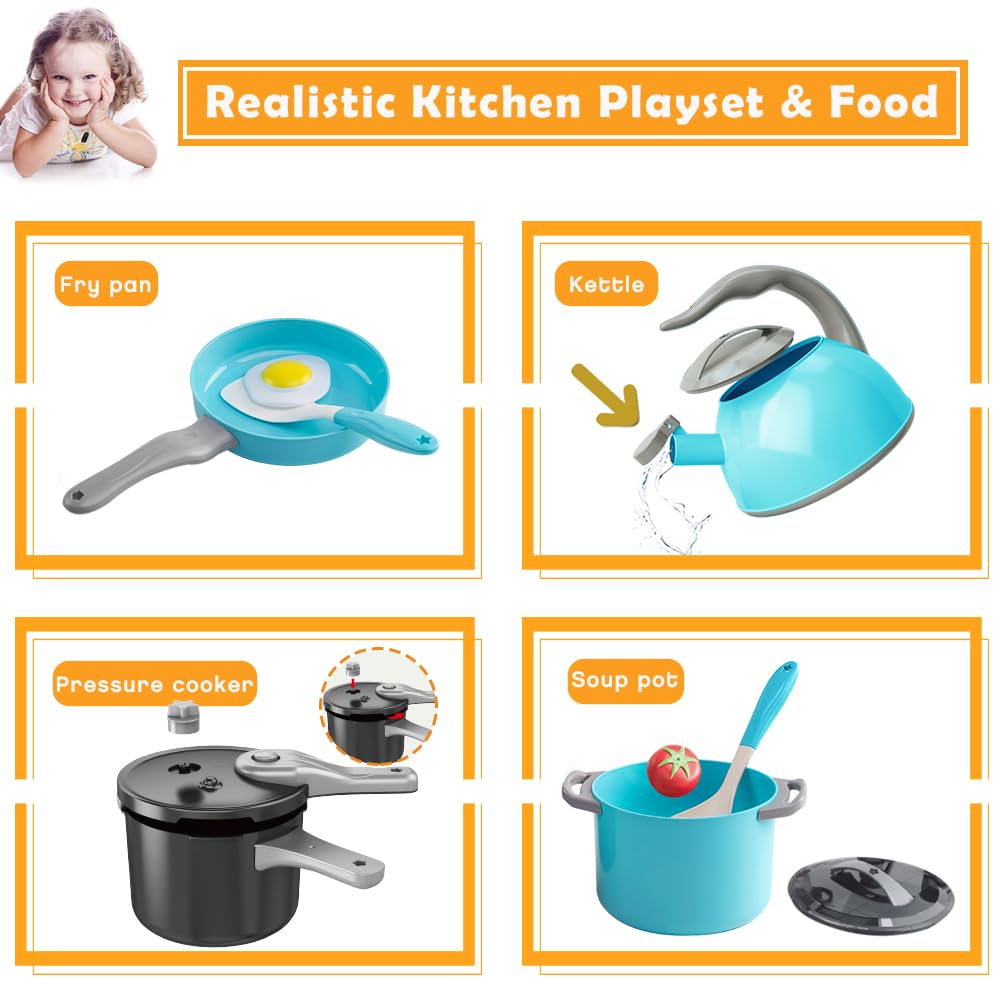Bruvoalon 32-Piece Kids Play Kitchen Set – Turquoise & Grey Pretend Cookware