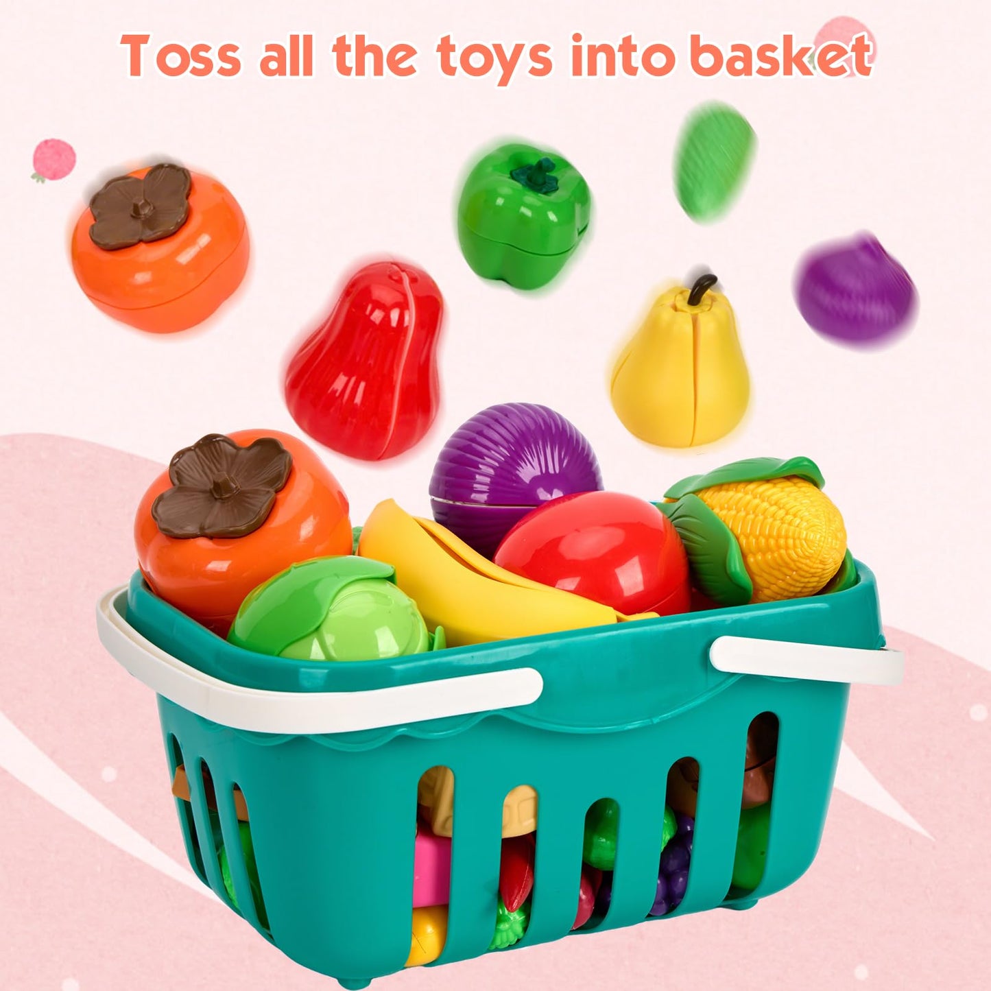 Bruvoalon 200Pcs Mini Play Kitchen Set for Kids – Pretend Cooking with Cookware, Tableware & 2 Fruit Sets | Pink