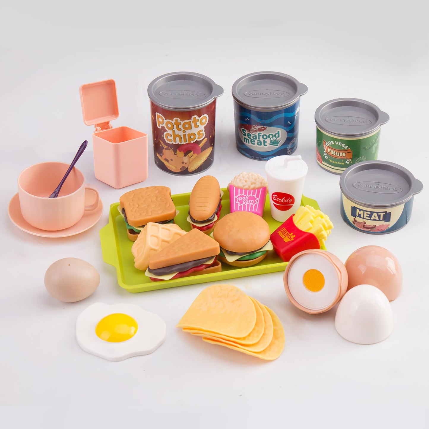 Bruvoalon 200Pcs Mini Play Kitchen Set for Kids – Pretend Cooking with Cookware, Tableware & 2 Fruit Sets | Pink