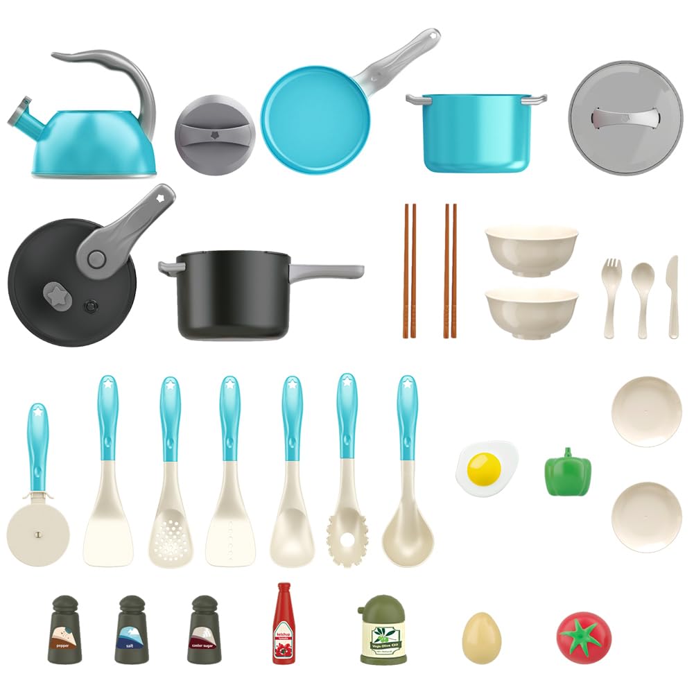 Bruvoalon 32-Piece Kids Play Kitchen Set – Turquoise & Grey Pretend Cookware