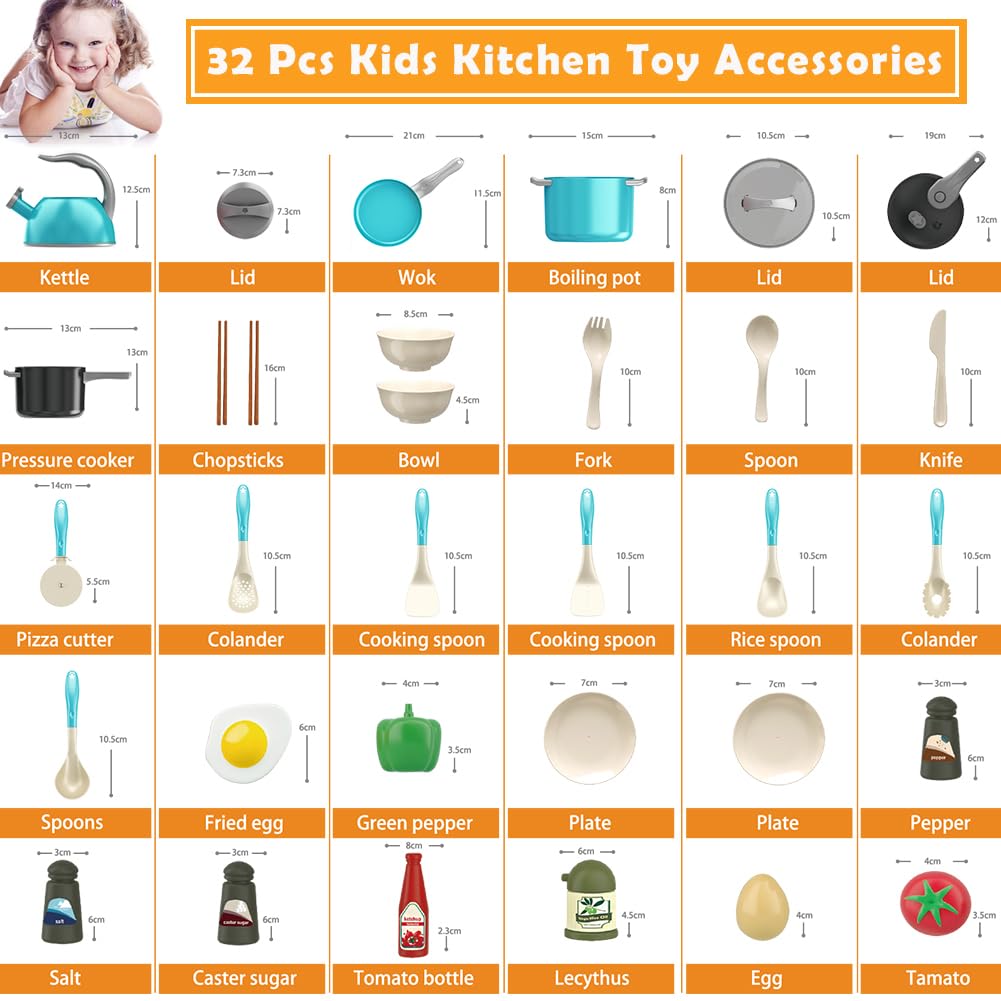 Bruvoalon 32-Piece Kids Play Kitchen Set – Turquoise & Grey Pretend Cookware