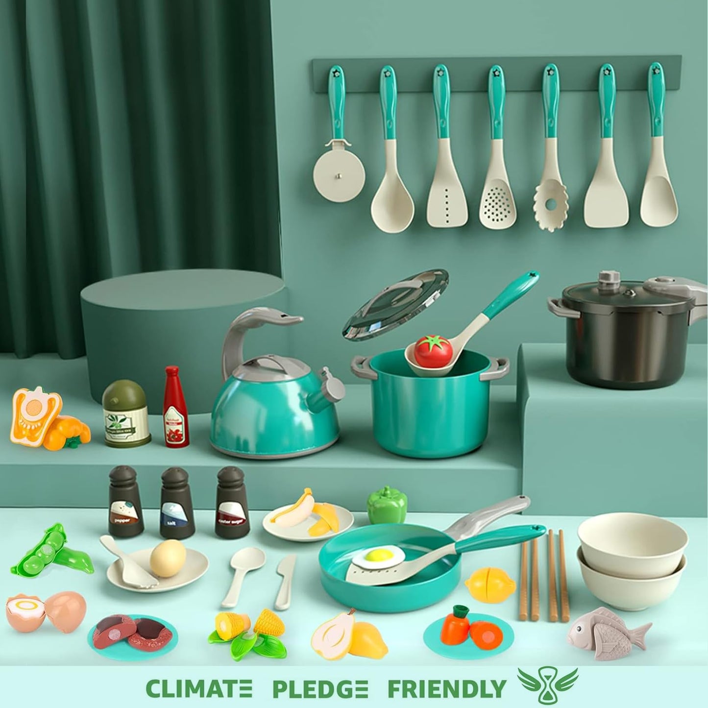 Bruvoalon 67-Piece Kids Play Kitchen Set | Pretend Cooking Toys with Pots, Pans & Foods (Green)