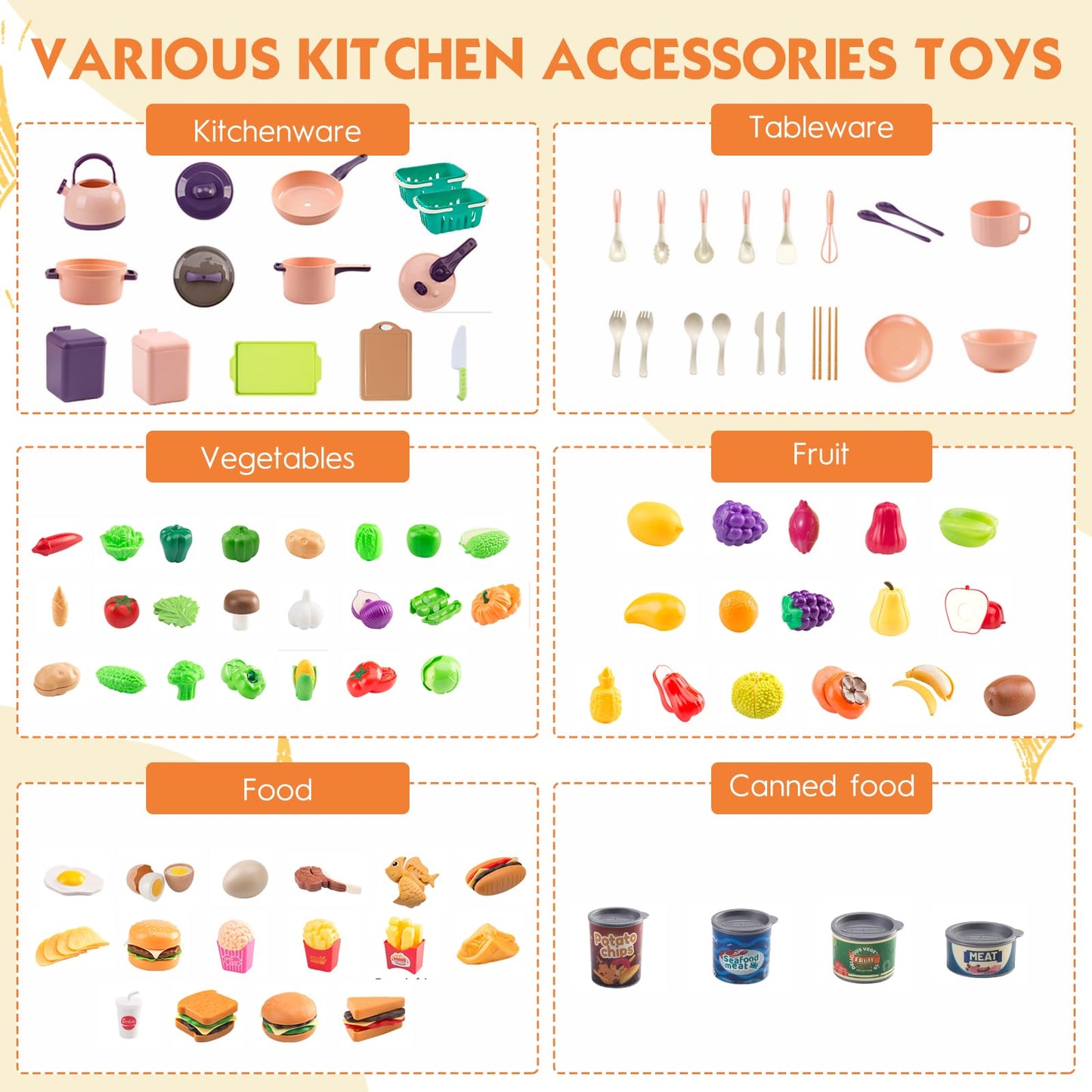 Bruvoalon 200Pcs Mini Play Kitchen Set for Kids – Pretend Cooking with Cookware, Tableware & 2 Fruit Sets | Pink