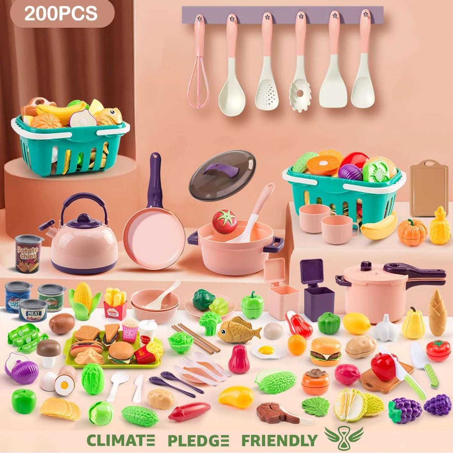 Bruvoalon 200Pcs Mini Play Kitchen Set for Kids – Pretend Cooking with Cookware, Tableware & 2 Fruit Sets | Pink