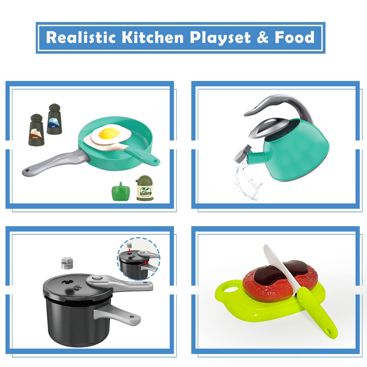 Bruvoalon 67-Piece Kids Play Kitchen Set | Pretend Cooking Toys with Pots, Pans & Foods (Green)
