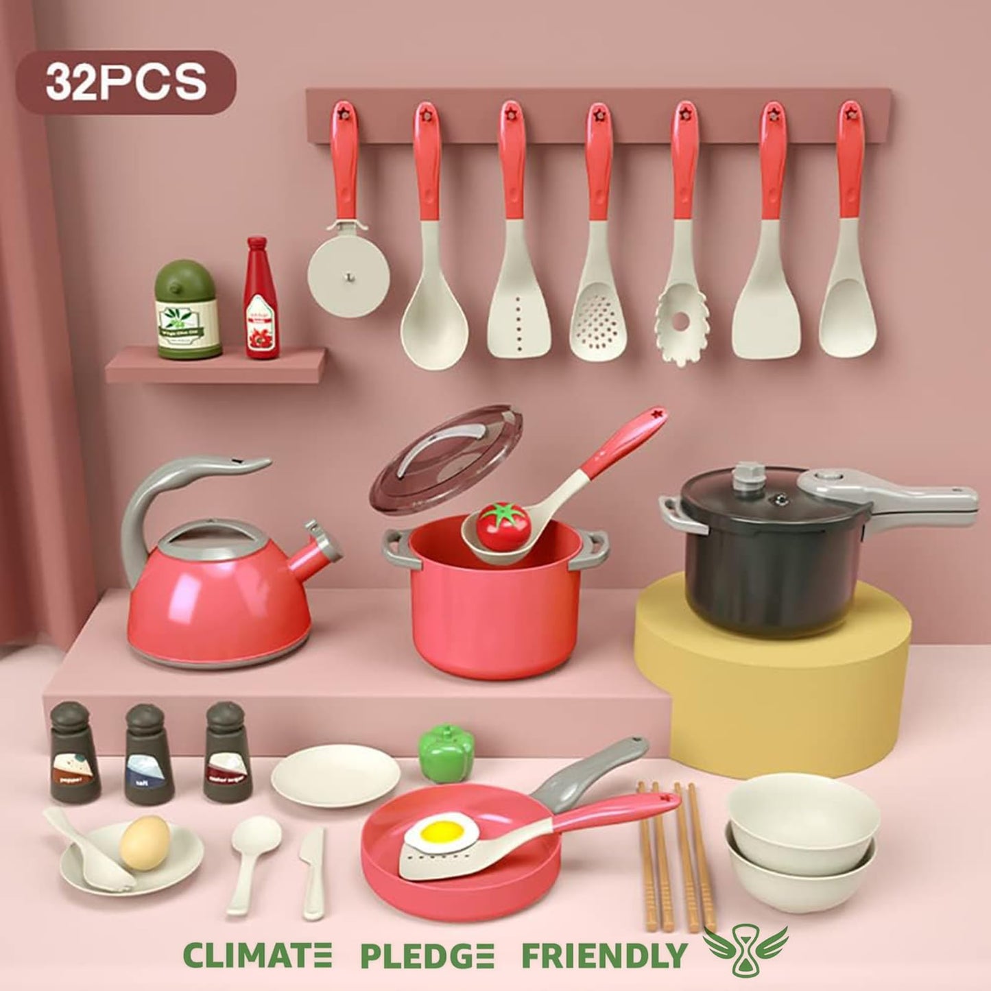 Bruvoalon 32-Piece Kids Play Kitchen Set – Realistic Pretend Cooking Toys (Red)