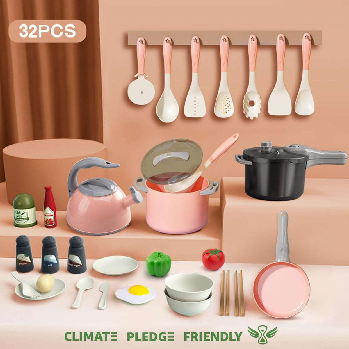 Bruvoalon 32-Piece Kids Play Kitchen Set | Pretend Cooking Toys for Toddlers