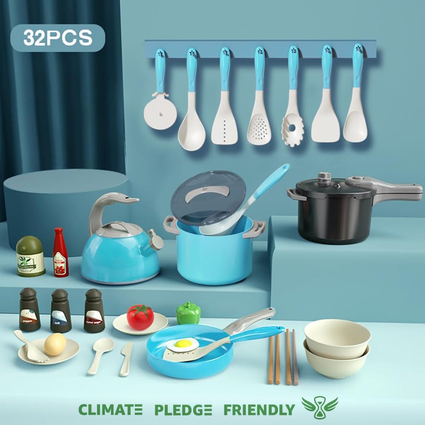 Bruvoalon 32-Piece Kids Play Kitchen Set – Turquoise & Grey Pretend Cookware