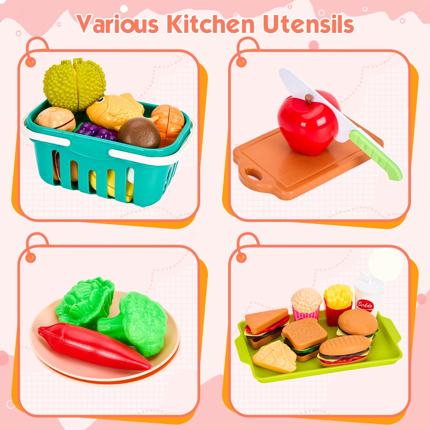 Bruvoalon 200Pcs Mini Play Kitchen Set for Kids – Pretend Cooking with Cookware, Tableware & 2 Fruit Sets | Pink