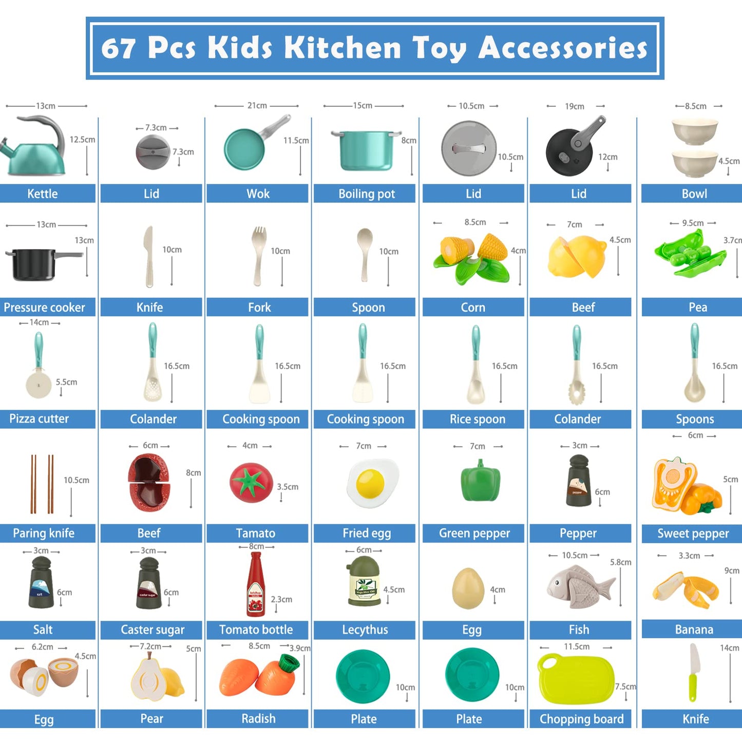 Bruvoalon 67-Piece Kids Play Kitchen Set | Pretend Cooking Toys with Pots, Pans & Foods (Green)