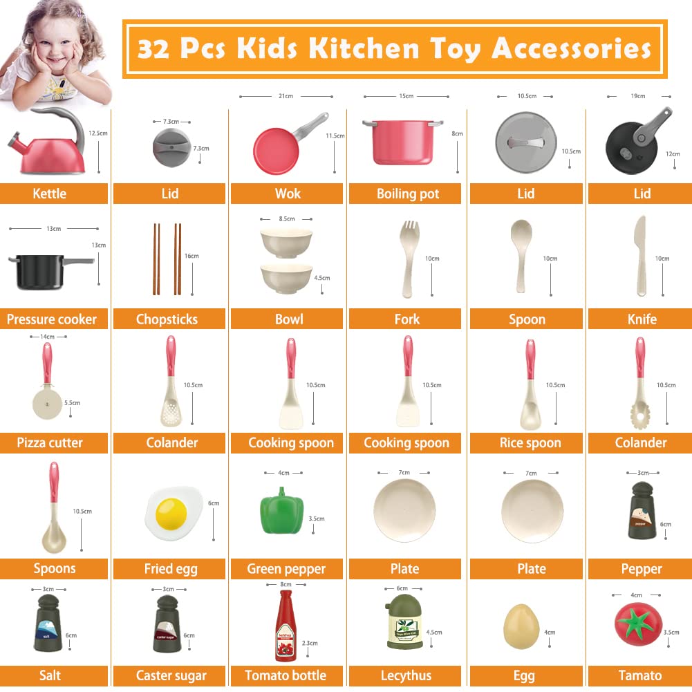 Bruvoalon 32-Piece Kids Play Kitchen Set – Realistic Pretend Cooking Toys (Red)