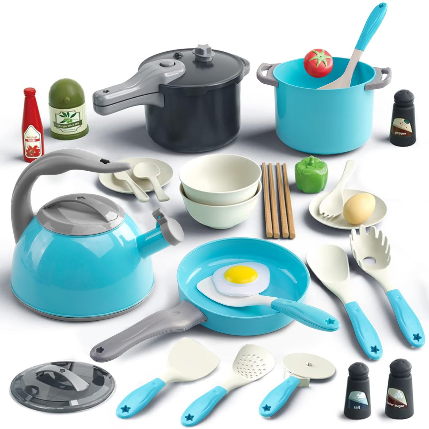 Bruvoalon 32-Piece Kids Play Kitchen Set – Turquoise & Grey Pretend Cookware